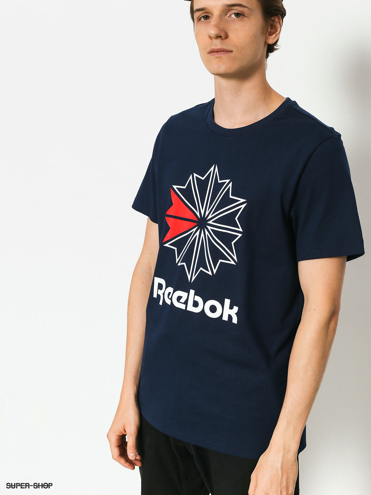 red white and blue reebok shirt